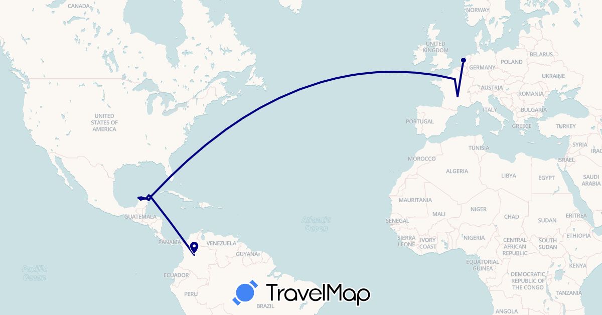 TravelMap itinerary: driving in Colombia, France, Mexico, Netherlands (Europe, North America, South America)